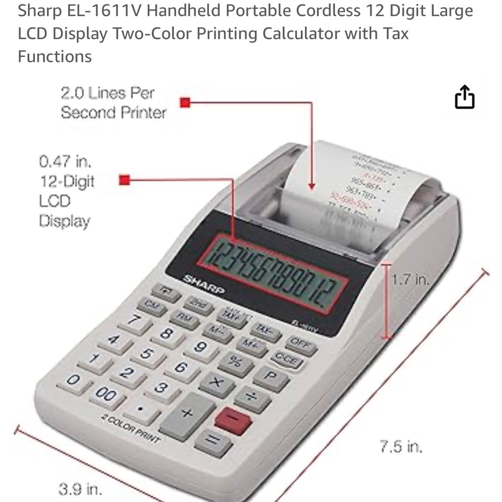 Sharp EL-1611V 12 Digit LCD Display 2-Color Printing Calculator with Tax functio